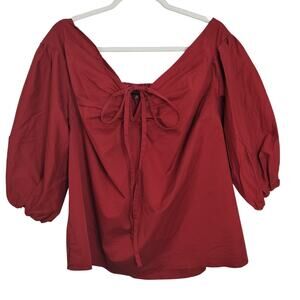 4081)Eloquii Studio Red Off Shoulders 3/4 Puff Sleeve Tie Neck Blouse Size 16